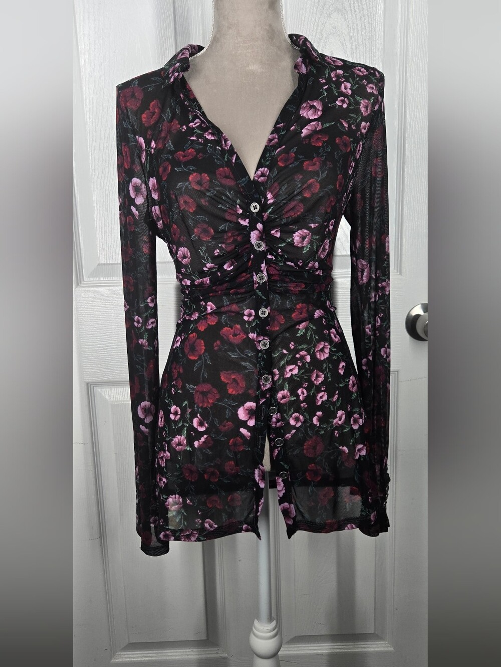 Free People Lucky Shirtee Black Bloom Floral Mesh Ruched Button Front M - Picture 6 of 14